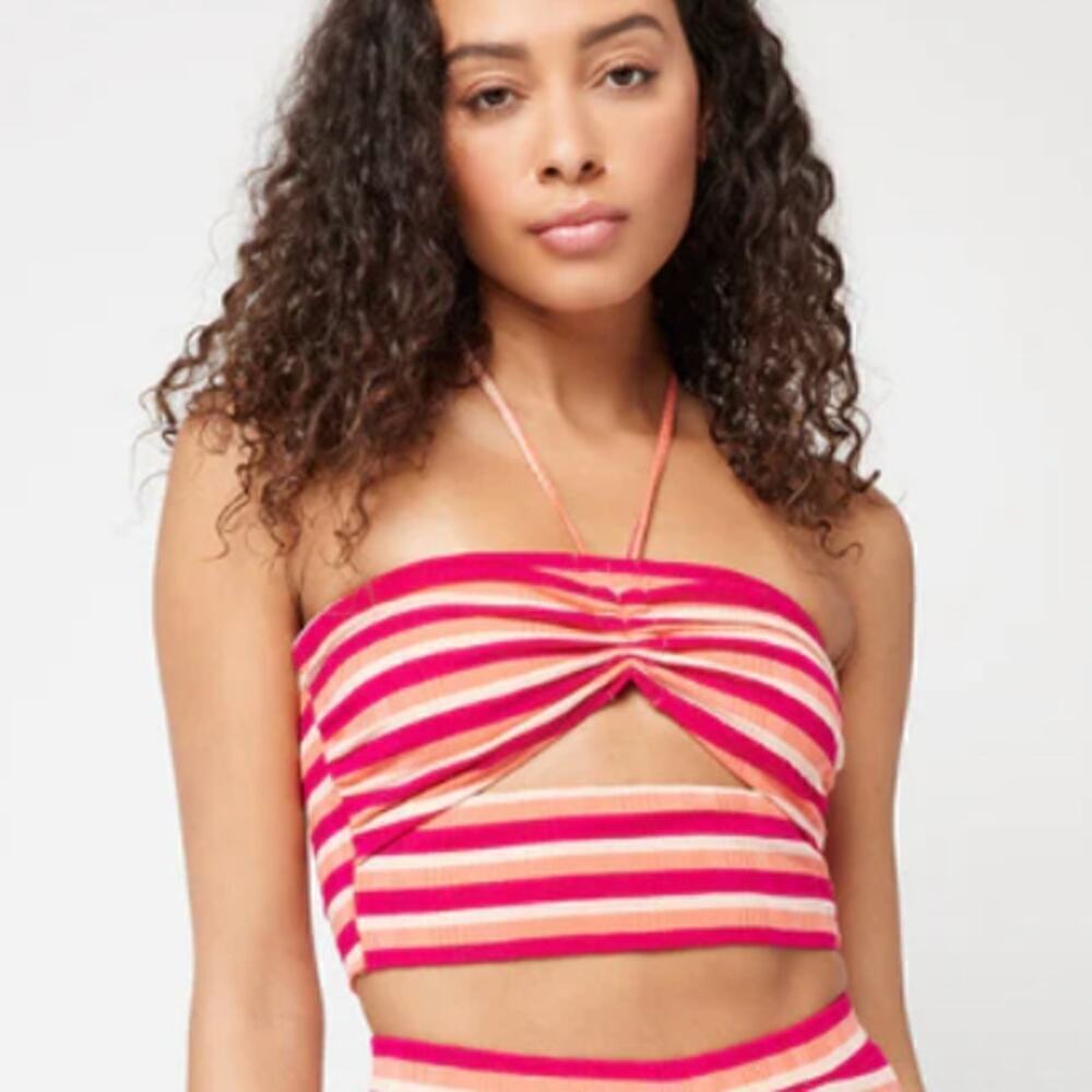 L*Space Women's Halter Neck Paloma Striped Rib Crop Top Size S Pink Oran…
